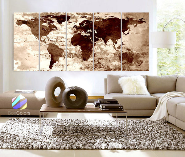 Xlarge 30"x 70" 5 Panels 30x14 Ea Art Canvas Print Watercolor Texture Map Old brick Cream Colored Brown Wall decor Home interior (framed 1.5" depth) - BoxColors