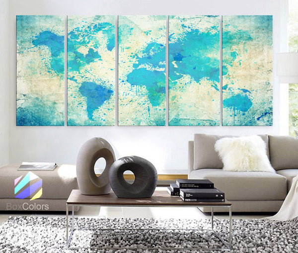 Xlarge 30"x 70" 5 Panels 30x14 Ea Art Canvas Print Original Watercolor Map world Extra large panel Wall decor Home Office interior (framed 1.5" depth) - BoxColors