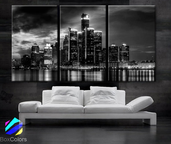 LARGE 30"x 60" 3 Panels Art Canvas Print beautiful Detroit Skyline Black & White Wall Home (Included framed 1.5" depth) - BoxColors