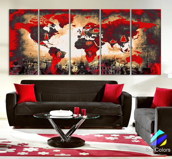 Xlarge 30"x 70" 5 Panels 30x14 Ea Art Canvas Print Original Wonders of the world Old Paper Map Red Yellow Wall decor Home interior (framed 1.5" depth) - BoxColors