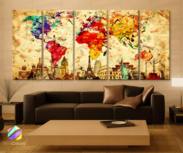 Xlarge 30"x 70" 5 Panels 30x14 Ea Art Canvas Print Original Wonders of the World Old Paper Map Colorful Wall Decor Home Interior (Framed 1.5" Depth) - BoxColors