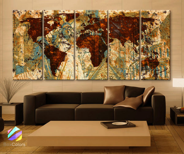 XLARGE 30"x 70" 5 Panels Art Canvas Print Original Wonders of the world Old Brown Sepia Map Wall decor Home interior (framed 1.5" depth) - BoxColors