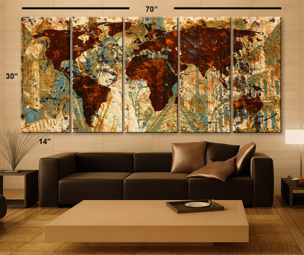 XLARGE 30"x 70" 5 Panels Art Canvas Print Original Wonders of the world Old Brown Sepia Map Wall decor Home interior (framed 1.5" depth) - BoxColors