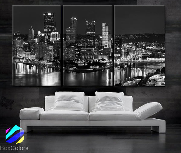 LARGE 30"x 60" 3 Panels Art Canvas Print beautiful Pittsburgh downtown city skyline Black & White Wall Home (Included framed 1.5" depth) - BoxColors