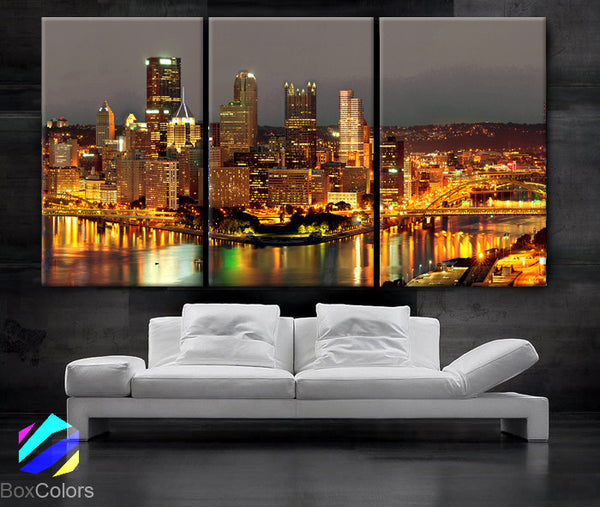LARGE 30"x 60" 3 Panels Art Canvas Print beautiful Pittsburgh downtown city skyline Black & White Wall Home (Included framed 1.5" depth) - BoxColors