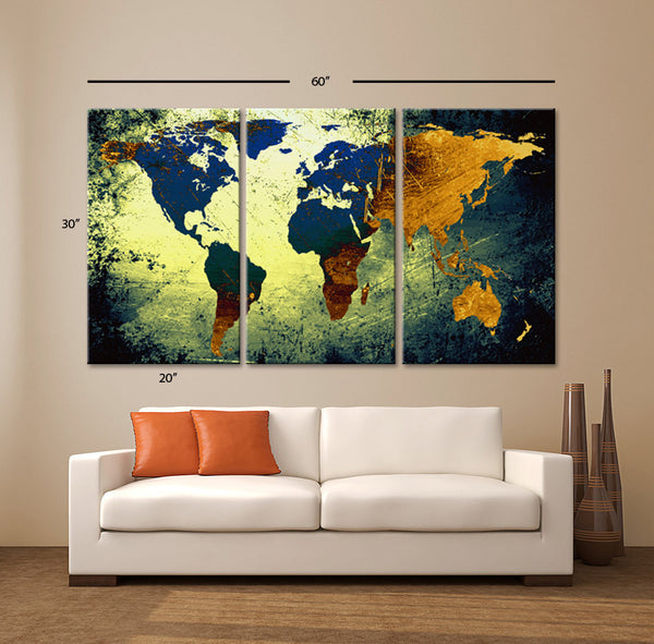 LARGE 30"x 60" 3 Panels 30"x20" Ea Art Canvas Print World Map Texture Abstract Wall Decor home office interior Home - BoxColors