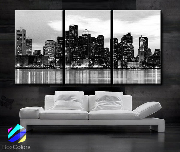 LARGE 30"x 60" 3 Panels Art Canvas Print Beautiful Boston skyline Sunset light Wall Home (Included framed 1.5" depth) - BoxColors