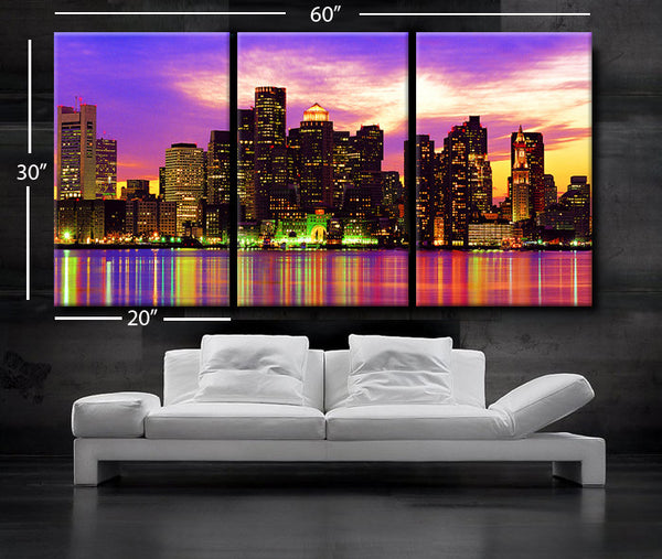 LARGE 30"x 60" 3 Panels Art Canvas Print Beautiful Boston skyline Sunset light Wall Home (Included framed 1.5" depth) - BoxColors