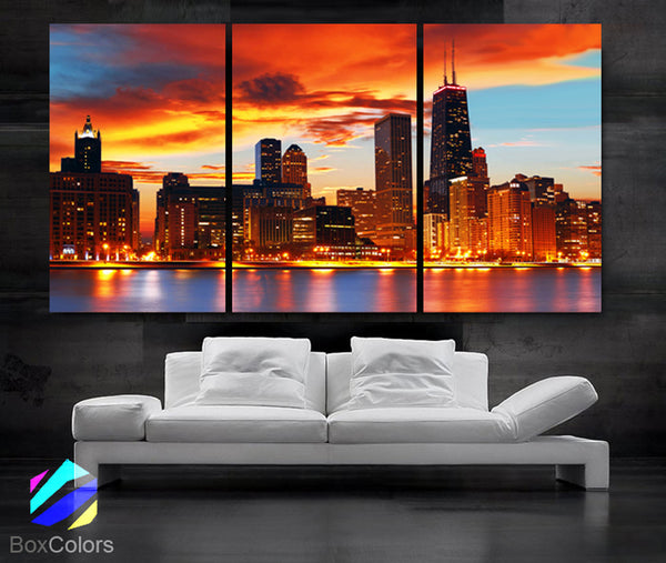 LARGE 30"x 60" 3 Panels Art Canvas Print Beautiful Chicago skyline Sunset light Wall Home - BoxColors