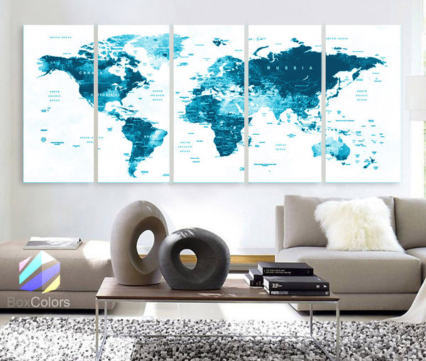 XLARGE 30"x 70" 5 Panels 30"x14" Ea Art Canvas Print Watercolor Map World Countries Cities Push Pin Travel Wall color Blue decor Home - BoxColors