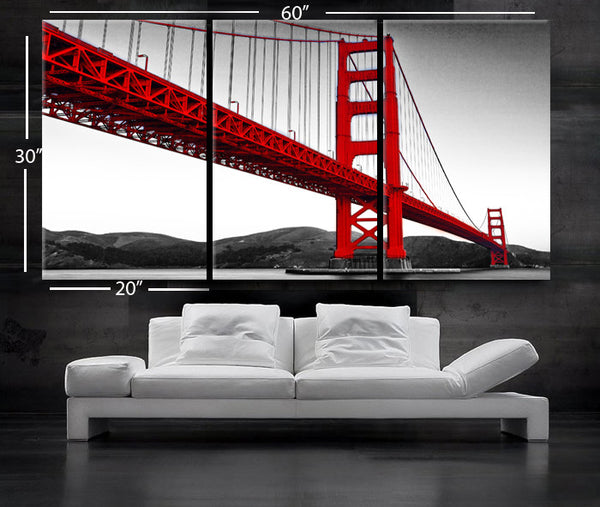 LARGE 30"x 60" 3 Panels Art Canvas Print Beautiful Golden Gate Bridge San Francisco California Black White red Wall Home (framed 1.5" depth) - BoxColors