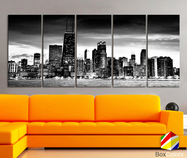 XLARGE 30"x 70" 5 Panels Art Canvas Print Chicago Skyline night Downtown Black & White Wall Home office decor interior ( framed 1.5" depth) - BoxColors