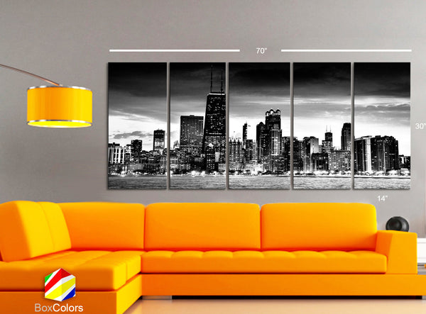 XLARGE 30"x 70" 5 Panels Art Canvas Print Chicago Skyline night Downtown Black & White Wall Home office decor interior ( framed 1.5" depth) - BoxColors