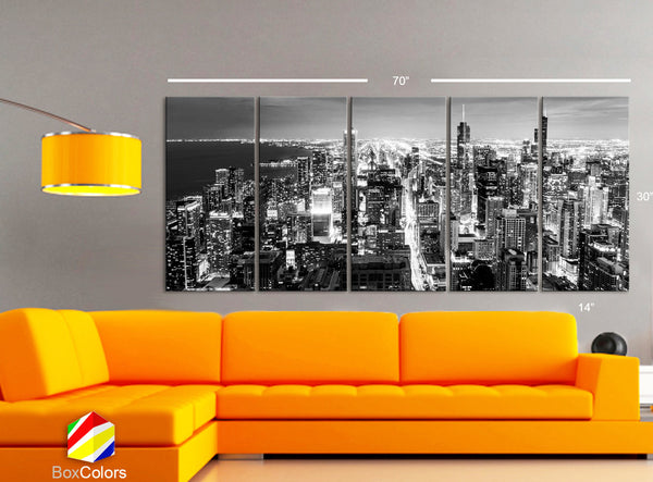 XLARGE 30"x 70" 5 Panels Art Canvas Print Chicago Aerial Skyline night Downtown Black & White Wall Home decor interior ( framed 1.5" depth) - BoxColors