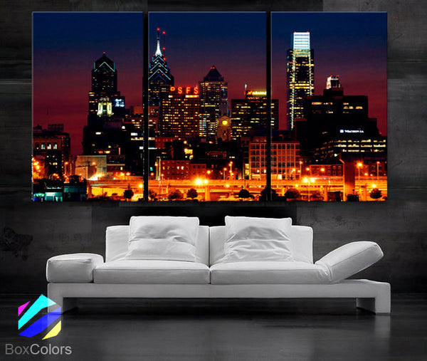 LARGE 30"x 60" 3 Panels Art Canvas Print Beautiful Philadelphia skyline light buildings Downtown Wall Home (Included framed 1.5" depth) - BoxColors