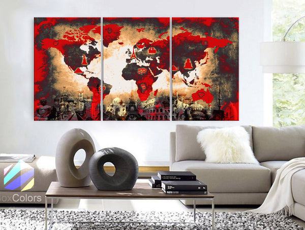 LARGE 30"x 60" 3 Panels Art Canvas Print Original Wonders of the world Old Paper Map Red Yellow Wall decor Home interior (framed 1.5" depth) - BoxColors