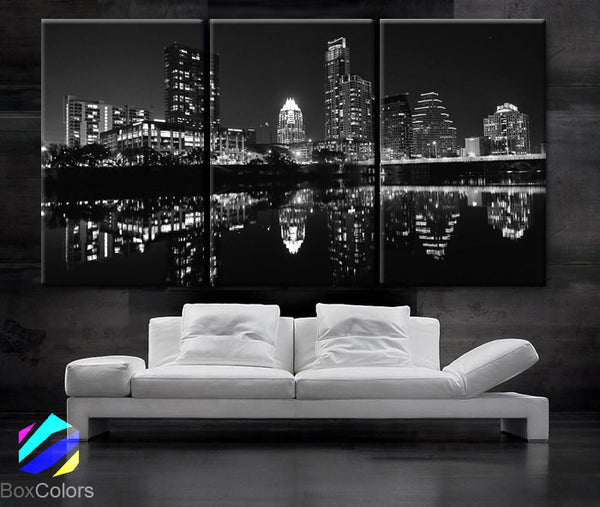 LARGE 30"x 60" 3 Panels Art Canvas Print Beautiful Austin TX skyline light buildings Wall Home decor interior(Included framed 1.5" depth) - BoxColors