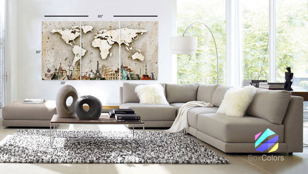 LARGE 30"x 60" 3 Panels Art Canvas Print Original Wonders of the world Texture Map travel Wall decor Home interior (framed 1.5" depth) - BoxColors