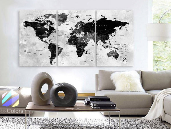 LARGE 30"x 60" 3 Panels Art Canvas Print Watercolor Map World Push Pin Travel cities Wall Black & White Gray decor Home  (framed 1.5" depth) - BoxColors