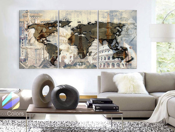 LARGE 30"x60" 3Panels Art Canvas Print Big Wonders of the world Texture Map travel - BoxColors