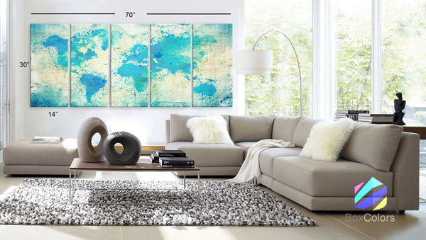 XLARGE 30"x70" 5 Panels Art Canvas Print Original Watercolor Map world Extra large panel Wall decor Home Office interior (framed 1.5" depth) - BoxColors