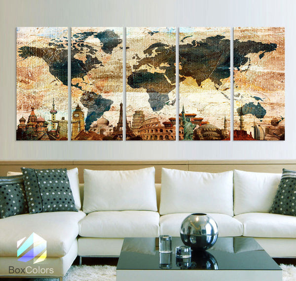 XLARGE 30"x 70" 5 Panels Art Canvas Print Original Wonders of the world Texture Map travel Wall decor Home interior (framed 1.5" depth) - BoxColors