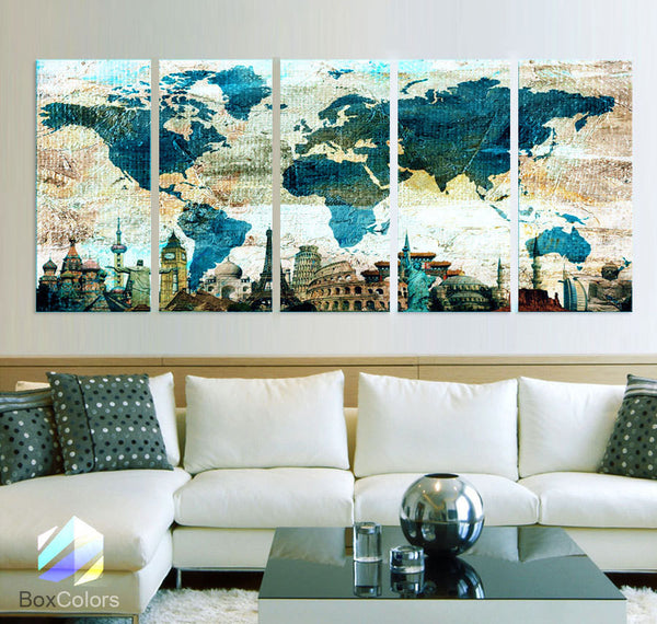 XLARGE 30"x 70" 5 Panels Art Canvas Print Original Wonders of the world Blue Texture Map travel Wall decor Home interior (framed 1.5" depth) - BoxColors