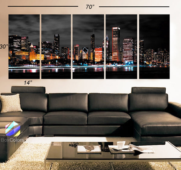 XLARGE 30"x 70" 5 Panels Art Canvas Print Chicago Skyline light Colors night ( background Black White gray ) Wall decor ( framed 1.5" depth) - BoxColors
