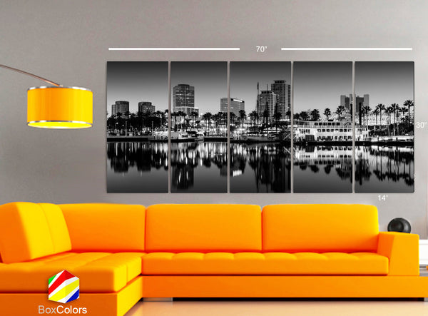 XLARGE 30"x 70" 5 Panels Art Canvas Print Long Beach, California Black & White Skyline Downtown Wall Home decor interior (framed 1.5" depth) - BoxColors