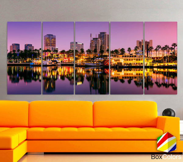 XLARGE 30"x 70" 5 Panels Art Canvas Print Long Beach, California Skyline Downtown Full color Wall Home decor interior (framed 1.5" depth) - BoxColors