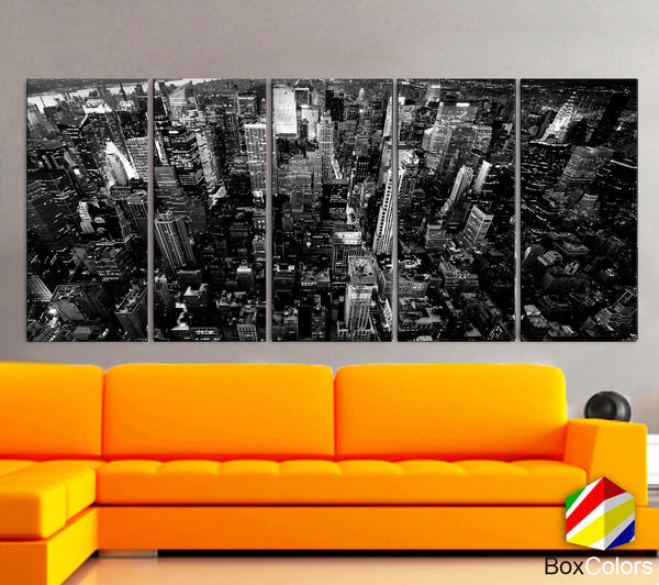 XLARGE 30"x 70" 5 Panels Art Canvas Print New York City Downtown Building Skyscrapers Black & White Wall Home (Included framed 1.5" depth) - BoxColors