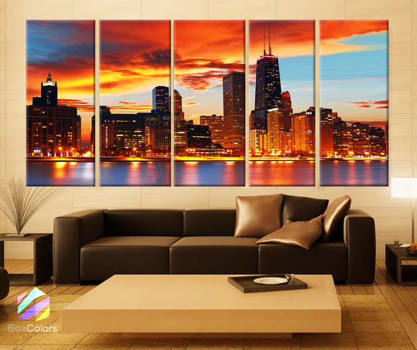 XLARGE 30"x 70" 5 Panels Art Canvas Print Chicago Skyline light sunset Full color Wall decor home Office ( framed 1.5" depth) - BoxColors
