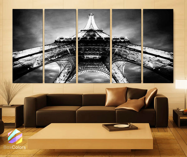 XLARGE 30"x 70" 5 Panels Art Canvas Print beautiful Eiffel Tower Paris Black & White Night Wall decor interior (Included framed 1.5" depth) - BoxColors