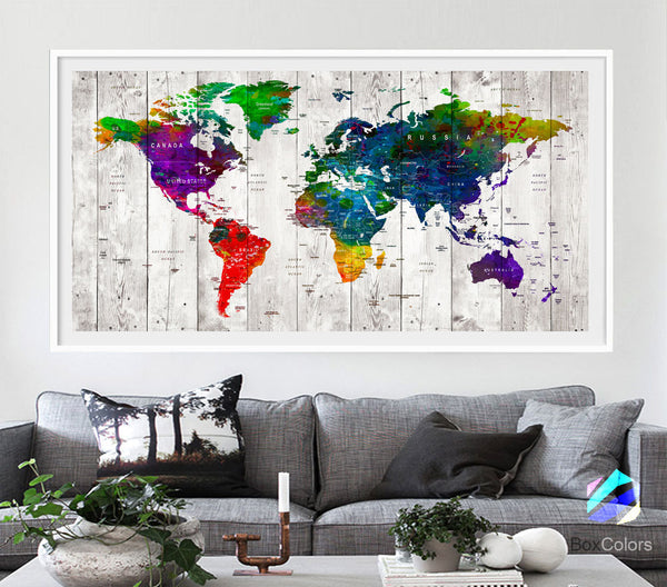 XL Poster Push Pin World Map travel wood texture Print Photo Paper watercolor Wall Decor Home (frame is not included)(P10) FREE Shipping USA - BoxColors