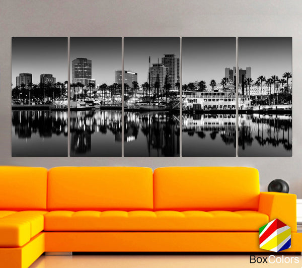 XLARGE 30"x 70" 5 Panels Art Canvas Print Long Beach, California Black & White Skyline Downtown Wall Home decor interior (framed 1.5" depth) - BoxColors