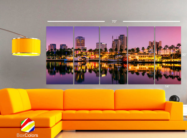 XLARGE 30"x 70" 5 Panels Art Canvas Print Long Beach, California Skyline Downtown Full color Wall Home decor interior (framed 1.5" depth) - BoxColors