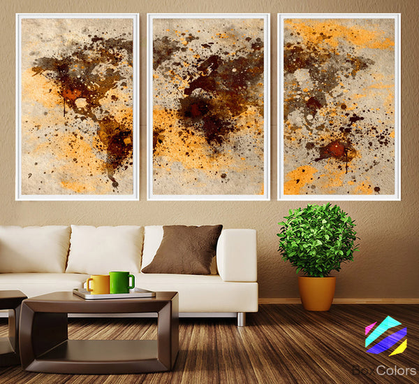 XL 3 Panels Poster World Map Art Print Photo Paper Abstract Watercolor Brown beige Wall Decor Home (frame is not included) FREE Shipping USA - BoxColors