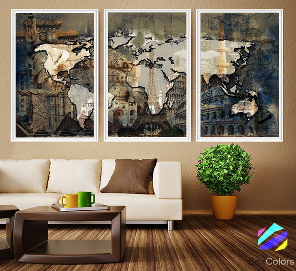 XL 3 Panels Poster World Map Art Print Photo Paper Wonders of the World Watercolor Wall Decor Home (frame is not included) FREE Shipping USA - BoxColors