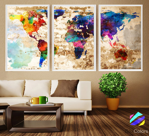 XL 3 Panels Poster World Map Abstract Art Print Photo Paper Watercolor old Wall Decor Home Office (frame is not included) FREE Shipping USA - BoxColors