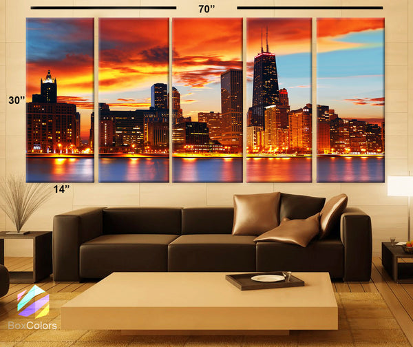 XLARGE 30"x 70" 5 Panels Art Canvas Print Chicago Skyline light sunset Full color Wall decor home Office ( framed 1.5" depth) - BoxColors