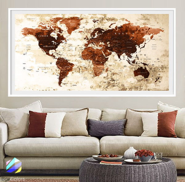 XL Poster Push Pin World Map travel Art Print Photo Paper watercolor Brown Old Wall Decor (frame is not included) (P22) FREE Shipping USA!!! - BoxColors