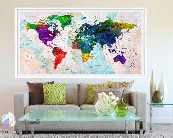 XL Poster Push Pin World Map travel Art Print Photo Paper cities watercolor Old Wall Decor (frame is not included) (P07) FREE Shipping USA! - BoxColors