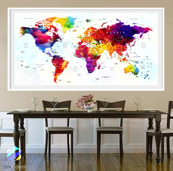 XL Poster Push Pin World Map travel Art Print Photo Paper Watercolor Full color Wall Decor Home (frame is not included) FREE Shipping USA! - BoxColors