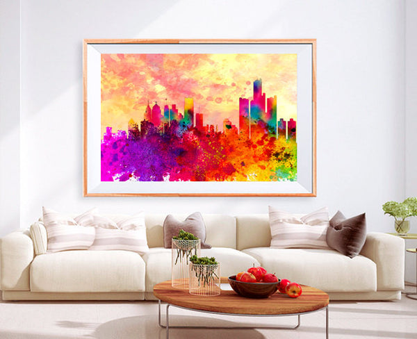 XL Poster Detroit downtown City Skyline Art Abstract Print Photo Paper Watercolor Wall Decor Home (frame is not included) FREE Shipping USA - BoxColors