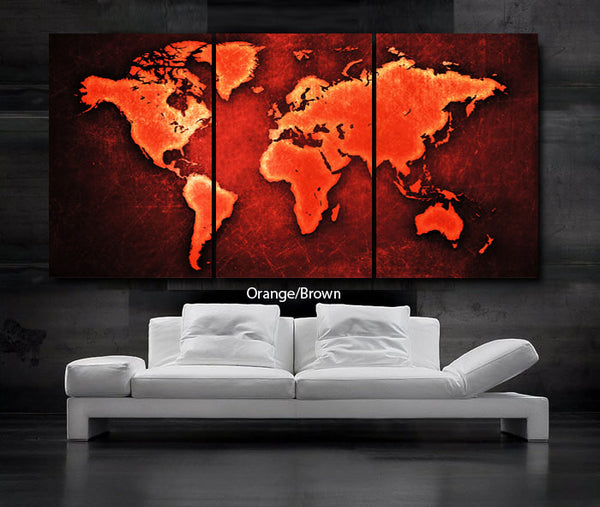 LARGE 30"x 60" 3 Panels Art Canvas Print World Map Select Color Gold Orange/Brown Green Blue Wall (Included framed 1.5" depth) - BoxColors