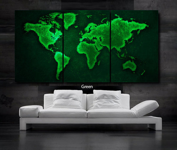 LARGE 30"x 60" 3 Panels Art Canvas Print World Map Select Color Gold Orange/Brown Green Blue Wall (Included framed 1.5" depth) - BoxColors