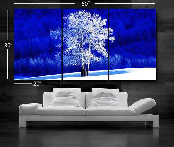 LARGE 30"x 60" 3 Panels Art Canvas Print Beautiful Nature winter tree Blue White Wall Home (Included framed 1.5" depth) - BoxColors