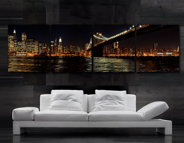 XLARGE 20"x 80"  4 panels Art Canvas Print Beautiful New York City  Brooklyn Bridge night skyline NY Wall Home (Included framed 1.5" depth) - BoxColors