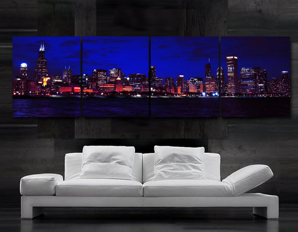 XLARGE 20"x 80"  4 panels Art Canvas Print Beautiful Chicago City night lights skyline Wall Home (Included framed 1.5" depth) - BoxColors
