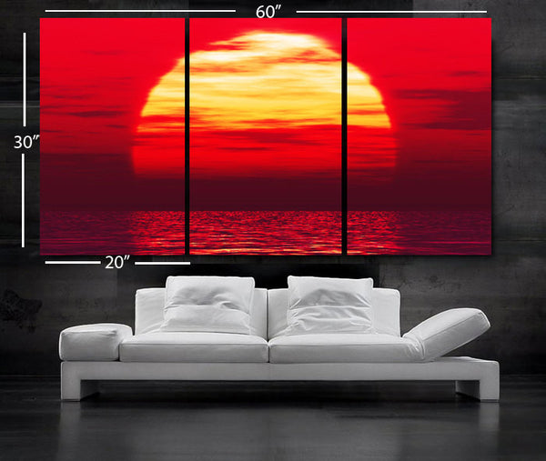 LARGE 30"x 60" 3 Panels Art Canvas Print Beautiful Huge Sunset Beach ocean sun Red Yellow  Wall Home (Included framed 1.5" depth) - BoxColors